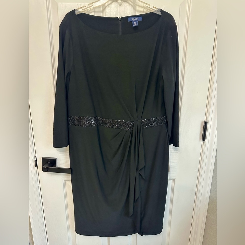 Chaps Dress Woman XL Black Ruffle Side Stretchy Sheath Evening  Sequin Waist NWT